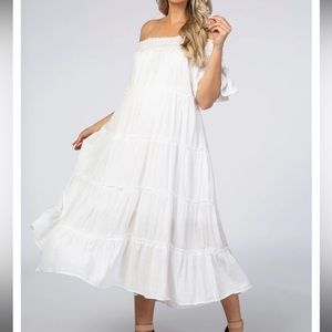 White Off Shoulder Tiered Maternity Dress